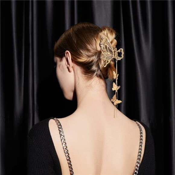 4 PACK Metal Big Gold Butterfly Hair Clips Clamp Tassel Nonslip Hair Claw - Picture 6 of 7